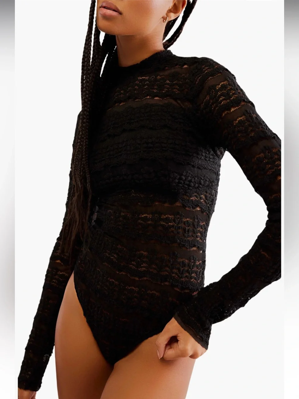 Free People Angelina Floral Lace Detail Bodysuit L Black